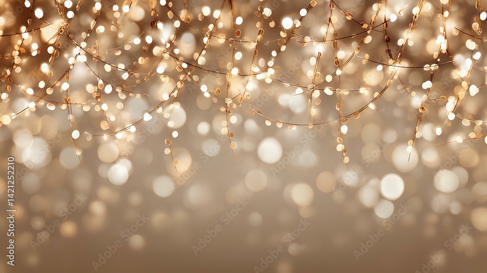 Aufkleber champagne beige background with retro twinkle lights and floating shimmer bokeh, defocused sparkling