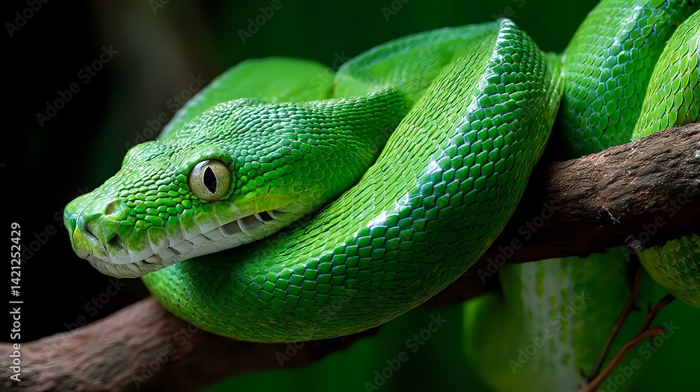 Poster close-up of emerald tree boa wrapped around vine with high detail on scales and glowing forest backg