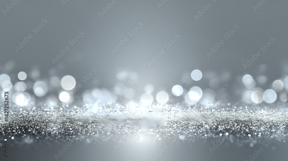 Poster cool gray background with subtle shimmering lights and defocused bokeh glow in silver tone, clean sp