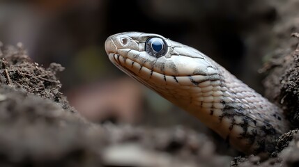 Fototapeta premium Eastern hognose snake burrowing through soft forest soil, textured head detail and blurred natural background
