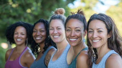 Fototapeta premium A group of women enjoying an outdoor workout, smiling while working on their fitness and dieting routines.