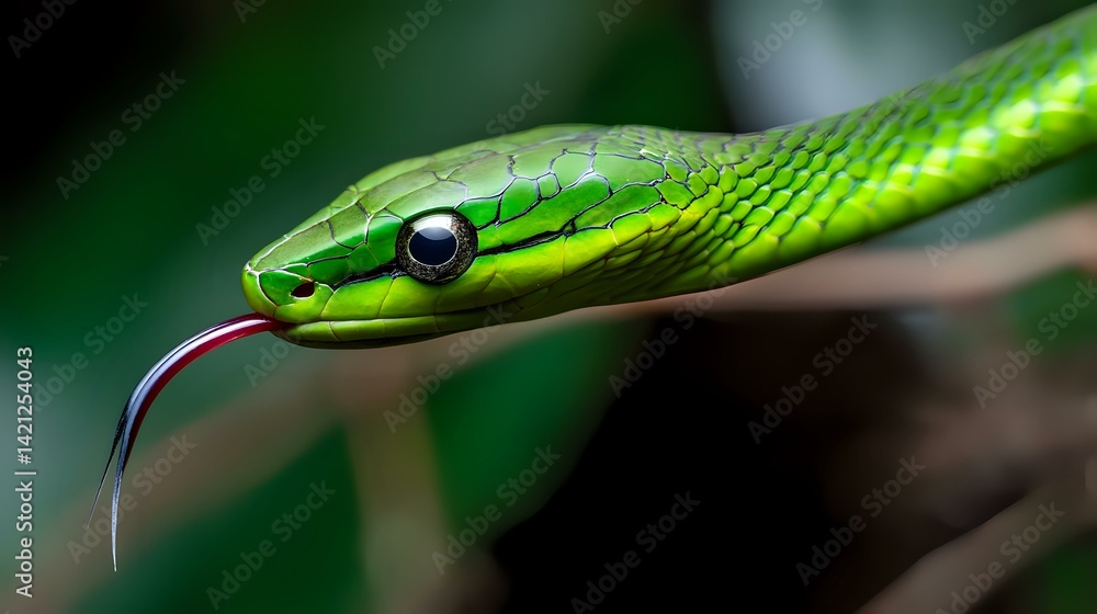 Poster focused view of vine snake in strike pose with tongue out, soft jungle background blur and scale pre