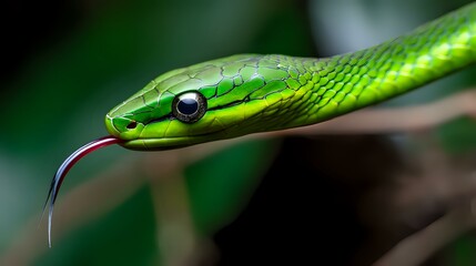 Obraz premium Focused view of vine snake in strike pose with tongue out, soft jungle background blur and scale precision