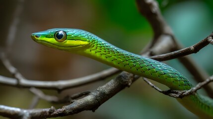 Fototapeta premium Green vine snake in mid-motion across branches, slender body and vibrant scales with blurred rainforest background