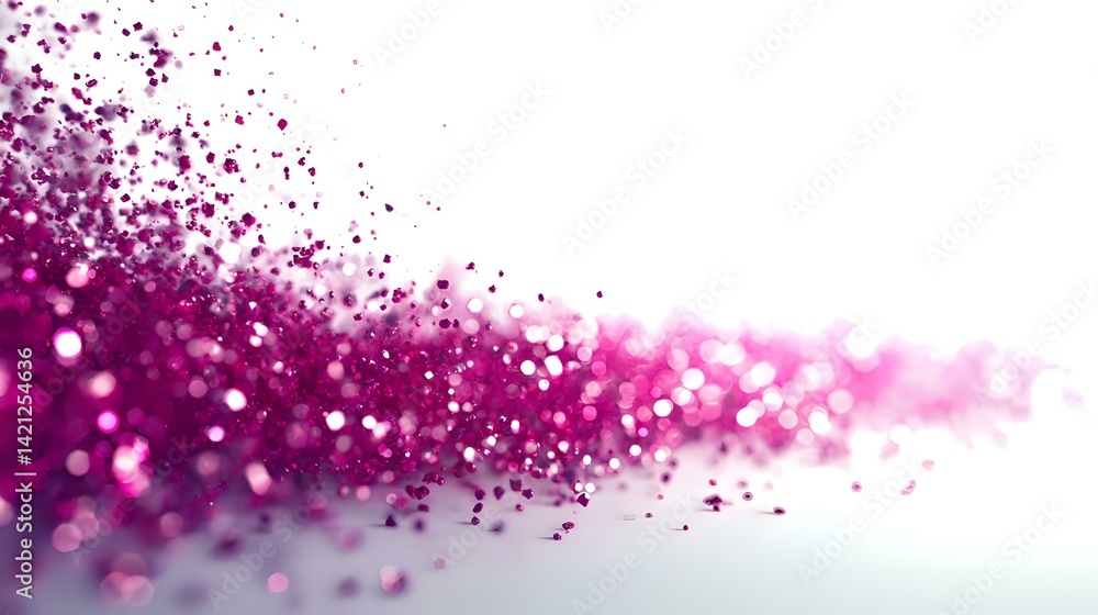Poster magenta splash effect against a white background with glowing shimmer particles and bokeh softness, 