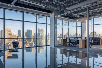 Modern Bright Coworking Office Interior with City View and Reflections