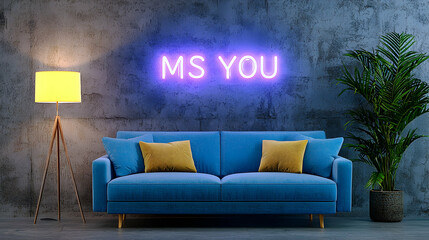 Purple Neon Miss You Sign in Modern Living Room