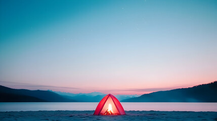 Red Tent Campfire at Sunset by a Lake with Mountains