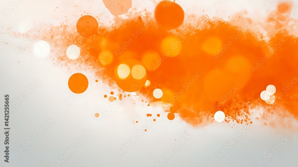 Poster orange color burst on white background with soft glow and shimmering bokeh lights, artistic splash m