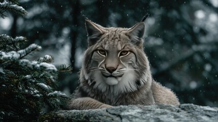 Fototapeta premium Majestic lynx rests amongst snowy forest foliage.