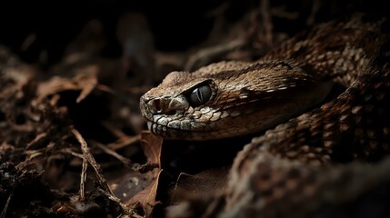 Puff adder blending into forest debris, focused image showing thick body and textured scales under ambient light