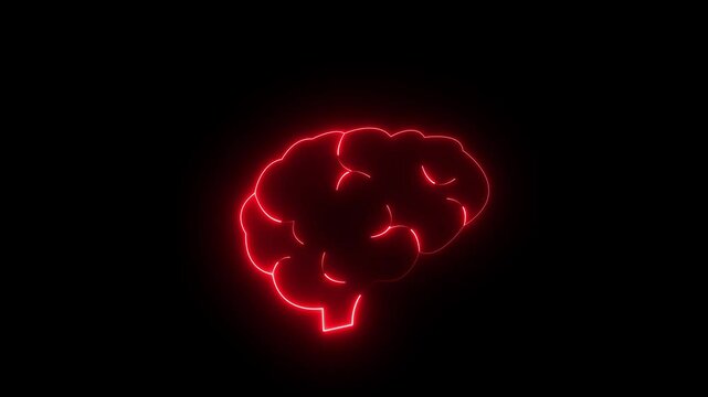 Human head with neon brain animated neon brain .Computer generated icon of the human brain with neon light running through the meanders. Animation of social media icons over spinning human.