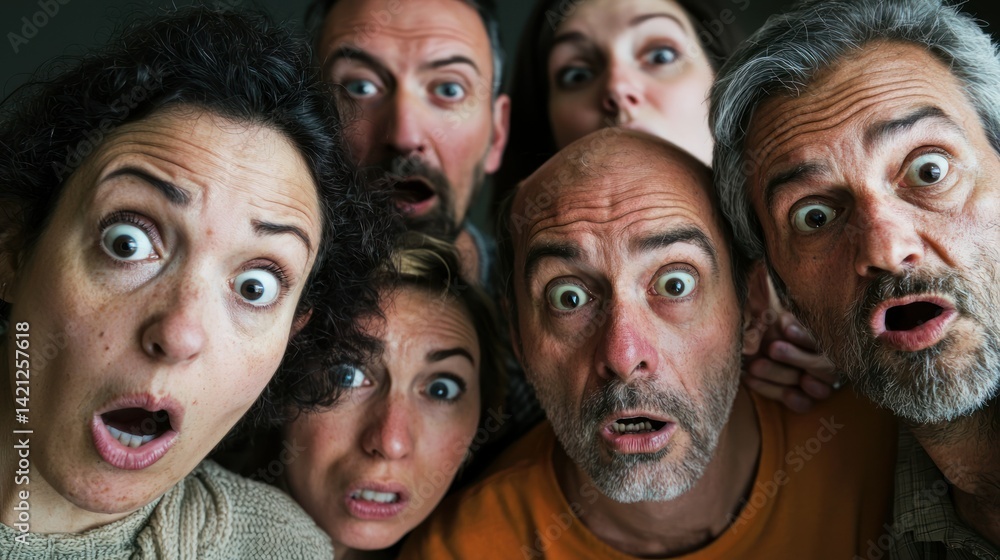 Poster a group of people displaying a disgusted expression as they encounter something unpleasant in a soci