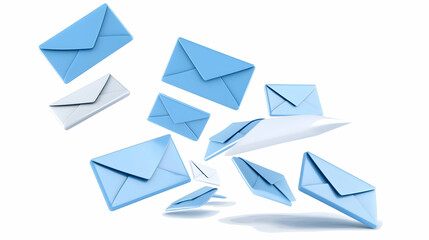 Flying Blue Envelopes with White Envelopes in Bright White Background