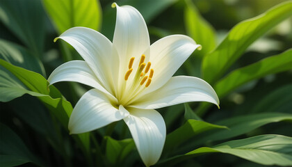 Obraz premium A radiant white lily opens in the sunlight, highlighting its elegant petals against a backdrop of lush greenery