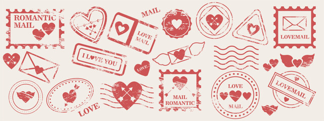 Romantic postage stamps and seal. Collection of Vintage Postage and Stamp Designs for Love letters, love mail and valentines day cards. Vintage grunge post stamps, retro postmarks, wave lines. Vector 