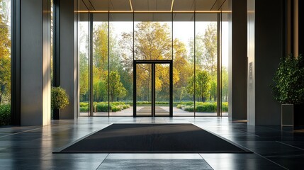 Fototapeta premium a stunning view of a building lobby with a black doormat featuring the building's garden with trees and walkway through its glass doors