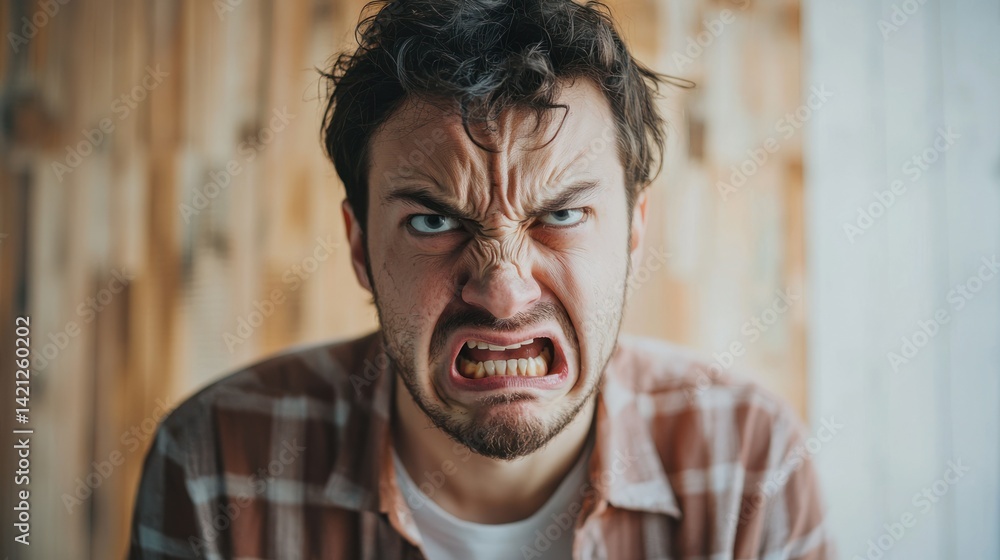 Poster a portrait of a person in an indoor environment, showing an exaggerated disgust expression as they r
