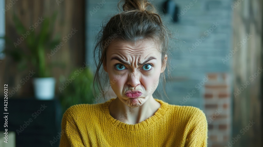 Poster a portrait of a person in an indoor environment, showing an exaggerated disgust expression as they r