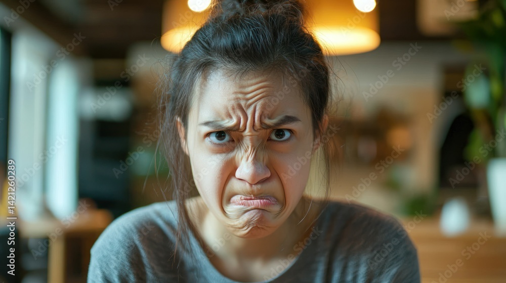 Poster a portrait of a person in an indoor environment, showing an exaggerated disgust expression as they r