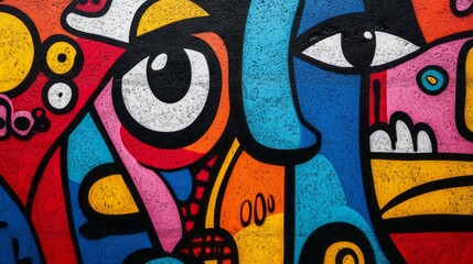 Obraz premium Colorful abstract graffiti mural featuring stylized faces and shapes