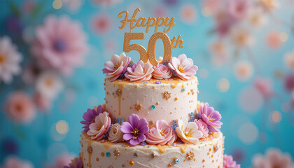 A festive cake adorned with flowers and a sign celebrating a 50th birthday with the words "Happy 50th Birthday