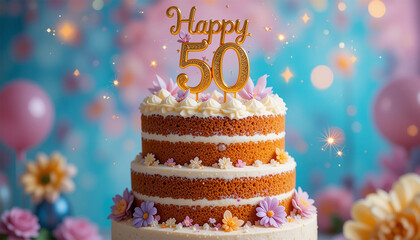 A festive 50th birthday cake adorned with candles spelling out "Happy 50th Birthday