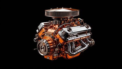 , Isolated on a black background is a shiny car engine. Orange-glow steel chrome metal component. Powerful technology, combustion engine, machine, automotive, transportation.