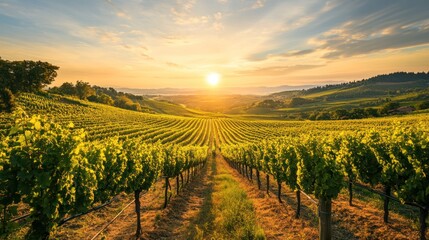 Naklejka premium Golden Hour Vineyard: Rows of Vines at Sunset