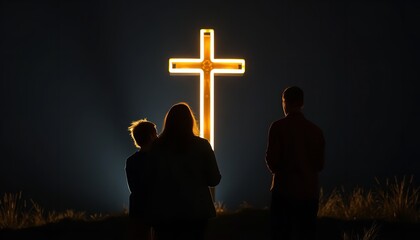 Silhouetted Family Observing Illuminated Cross Nighttime Peaceful Spiritual Scene Religious Faith Hopeful Belief Tranquil Darkness