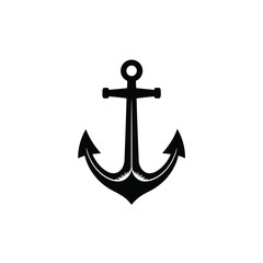 Geometric black silhouette anchor logo icon, vector style, perfectly centered on a white background. Minimalist design with clean lines, balanced composition, reflecting a nautical or marine brand