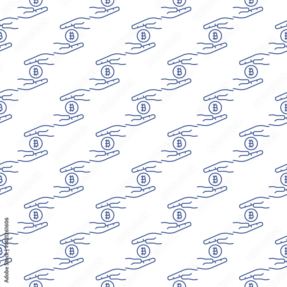 Poster hands with bitcoin coin vector cryptocurrency seamless pattern in outline style
