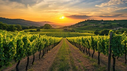Fototapeta premium Golden Hour Vineyard: Tuscany Sunset