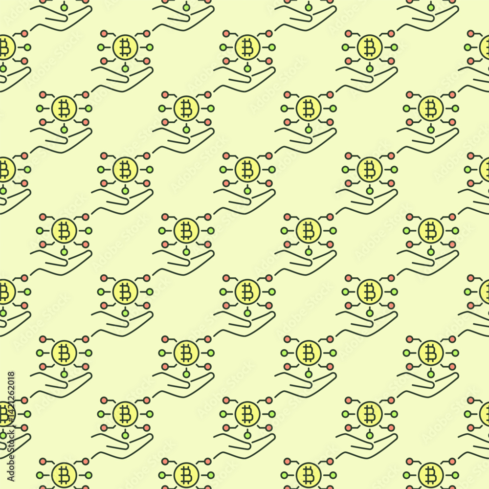Poster hand with bitcoin technology vector cryptocurrency colored seamless pattern
