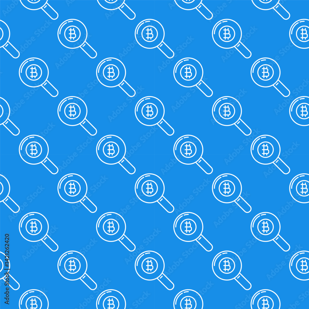 Poster magnifier with bitcoin sign vector cryptocurrency search seamless pattern in thin line style