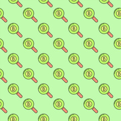 Magnifying Glass with Bitcoin sign vector Cryptocurrency Search colored seamless pattern