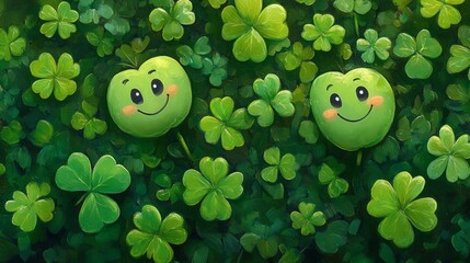 Smiling green apple faces in field of lucky clovers