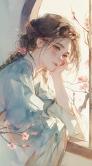 A young woman with braided hair looking out of a window adorned with cherry blossoms
