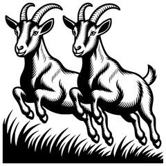 Fototapeta premium Leaping Goats: A whimsical illustration of two goats leaping through a field of tall grass, their horns and hooves highlighted in a contrasting black and white.