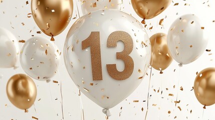 Golden Number 13 Balloon, Festive Birthday Celebration Backdrop with Confetti and Balloons