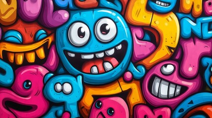 Obraz premium Cartoonish graffiti artwork featuring colorful smiling characters and abstract shapes