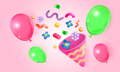 Festive Vector 3d colorful balloons , confetti , flowers , firecracker and a party popper isolated on a pink background . For birthday, celebration, party invitation, event flyer or joyful design .