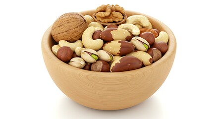 Nuts variety wooden bowl white background. Brazilian food