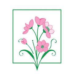 Geometric floral logo pink and green decorative frame featuring blooming flowers and curved stems, clean lines, symmetrical design, white background