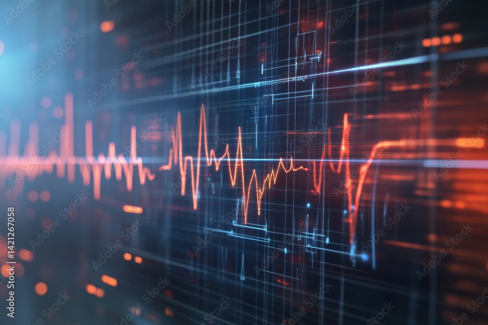 Poster digital sound waveform displayed on a futuristic interface with vibrant colors