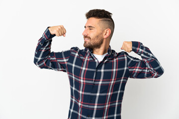 Caucasian man isolated on white background doing strong gesture
