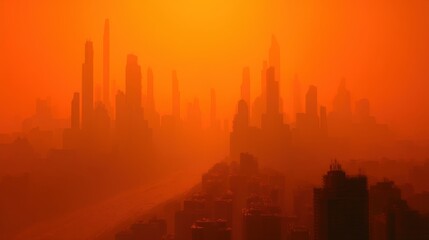 A city skyline shrouded in orange fog, representing the challenges of urban air pollution.