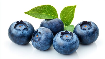 Obraz premium A close up shot of five blueberries with green leaves on a white background in a studio setting