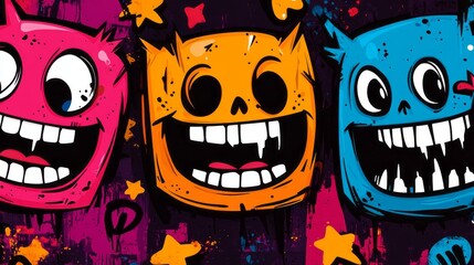 Obraz premium Cartoon monsters with big grins dominate the vibrant canvas