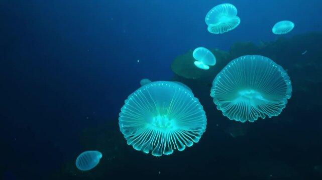 Camera dollies forward to unveil luminous clusters of bioluminescent comb jellies pulsing rhythmically in the deep, with side light